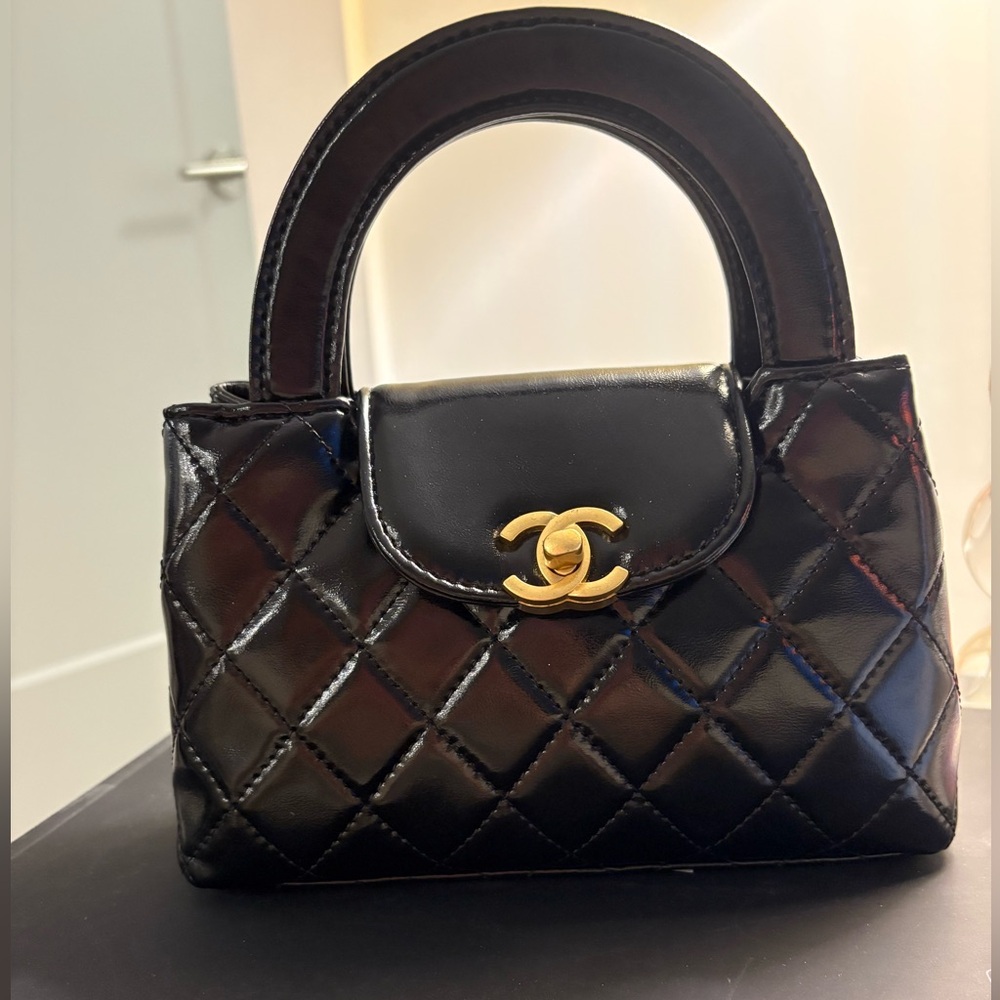 Black Kelly Quilted Mini Top-Handle Bag with Gold CC